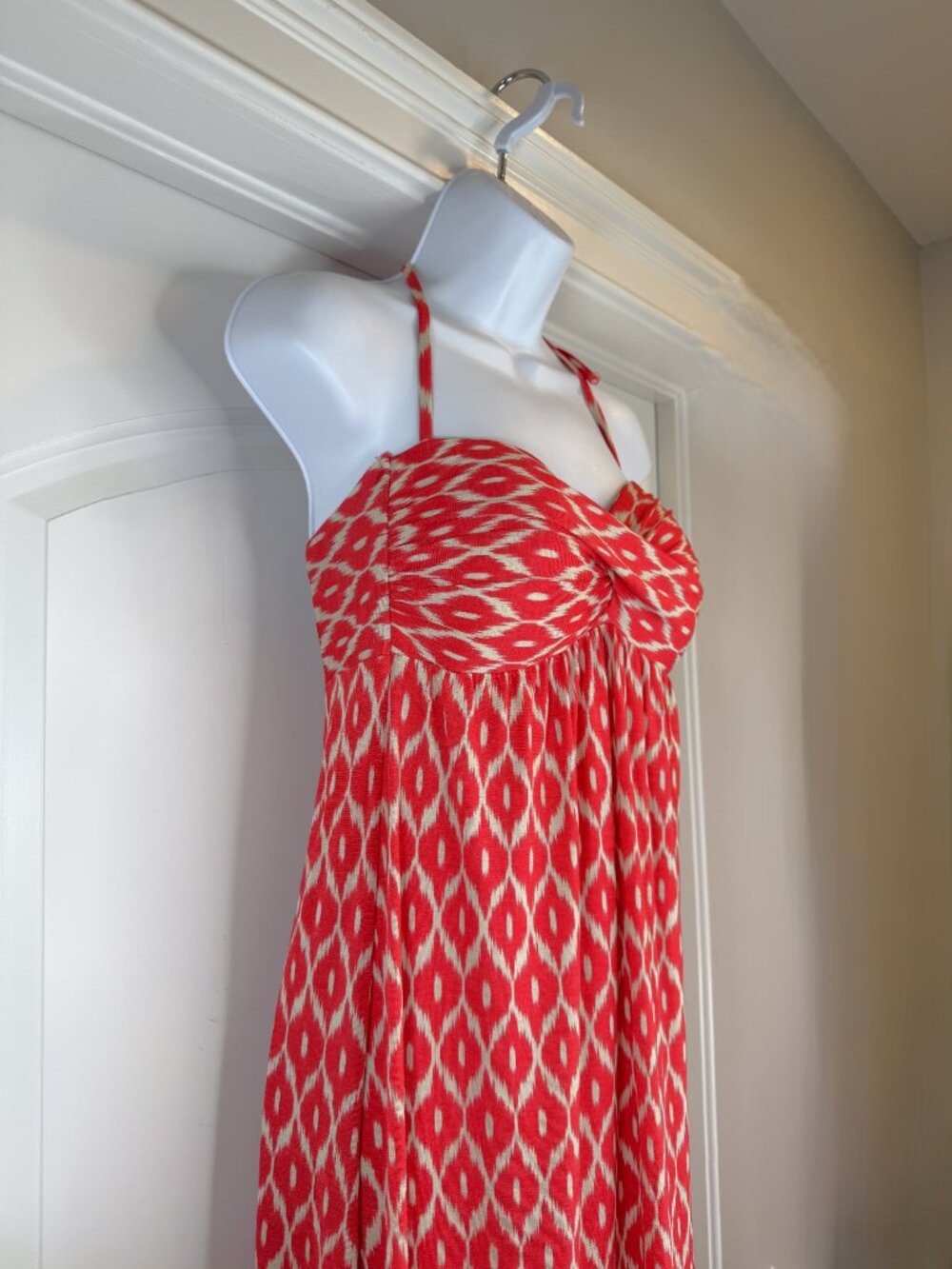 Robin Piccone Red Cream Ikat Halter Maxi Dress Large Built-In Cups Resort